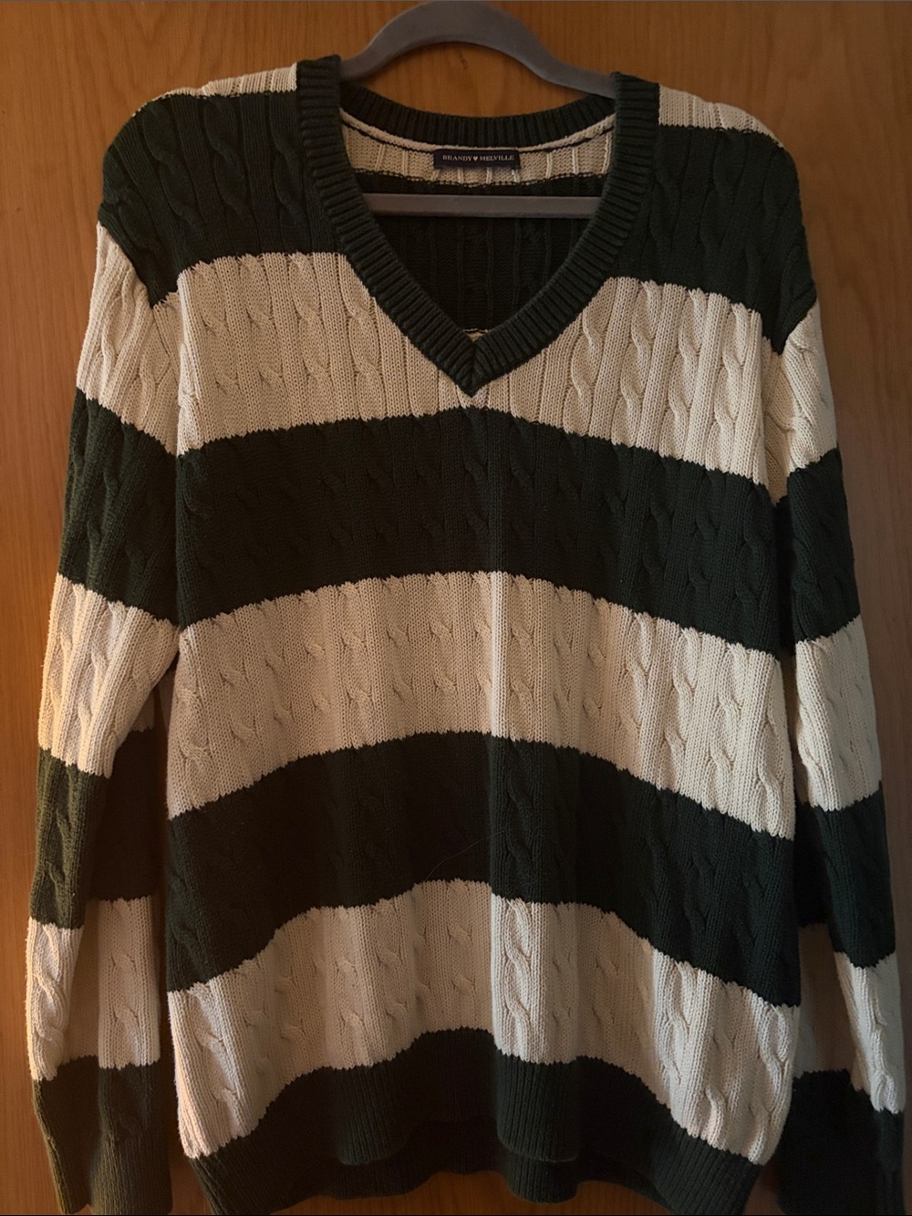 Brandy Melville Green & Cream Striped V-Neck Cable Knit Sweater